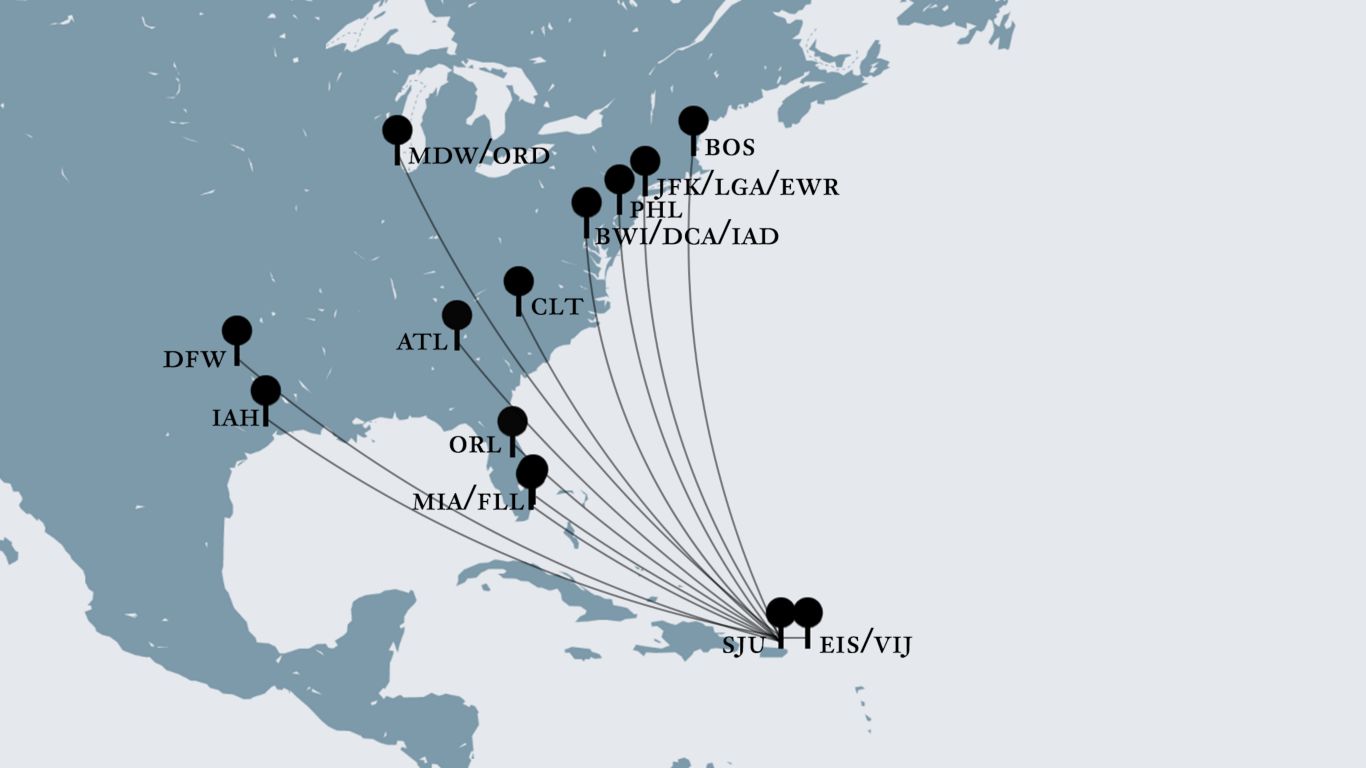 Flight paths from major cities to SJU Airport